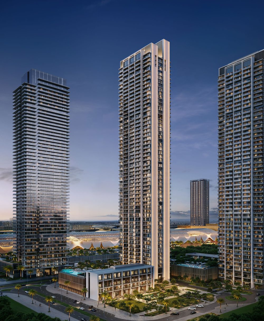 Valia tower by Emaar at Dubai Creek Harbour, with its podium, pool and gardens at dusk